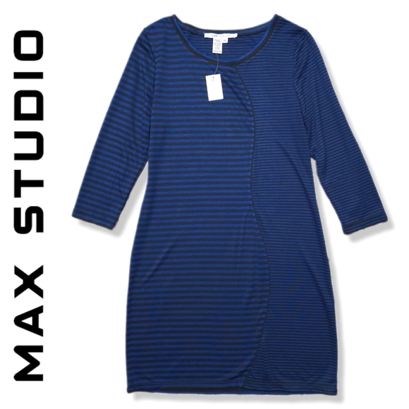 MAX STUDIO Nwt 3/4 Sleeve Royal Striped Pieced Bodycon Knee Length Dress, XL - Picture 2 of 14